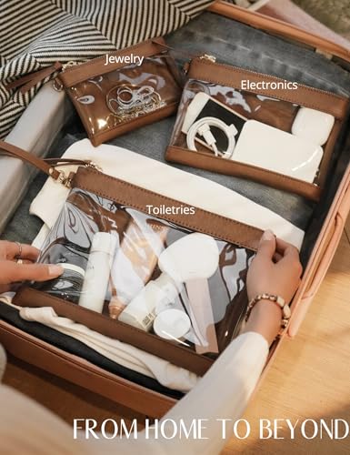 Popvibe Clear Makeup Bag with Zipper Travel Pouch Organizer Bag for Purse Cosmetic Bag Women Clear Travel Bag for Toiletry Traveling Car Essential Make Up Bag Set 3 Pack Brown - color: Brown