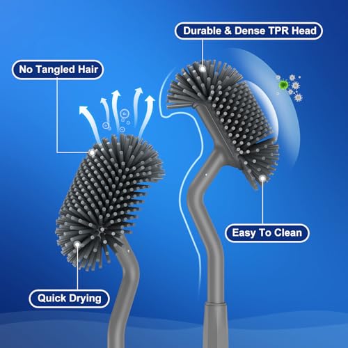 HAMITOR Toilet Bowl Brush Holder Set: Deep Cleaning Silicone Toilet Cleaner Scrubber Under Rim with Curved Bristle for Bathroom Dead Corner Clean - Modern Rv Toilet Decorative Accessories - Gray - color: Gray, size: 1Pack