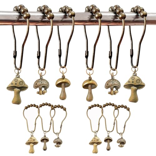 Mushroom Shower Curtain Hooks, 12Pcs Rustproof Metal Cute Retro Mushroom Shower Curtain Hooks Rings for Boho Fairy Forest Country Cottagecore Style Home Bathroom Decor (Set-Bronze) - color: Set-bronze