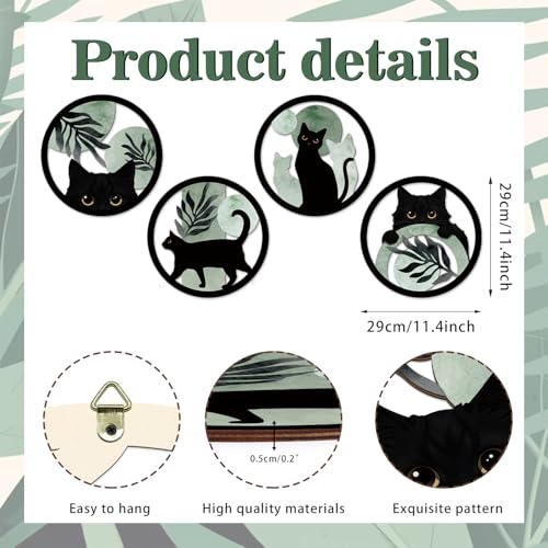 TOARTi 4PCS Boho Black Cat Wooden Wall Art,Sage Green Cats Round Wall Decor,Bohemian Green Plant Hanging Art,Minimalist Botanical Kitty Artwork for Farmhouse Bedroom Living Room Black Cats Room Decor - color: 4pcs Sage Black Cat Wall Art