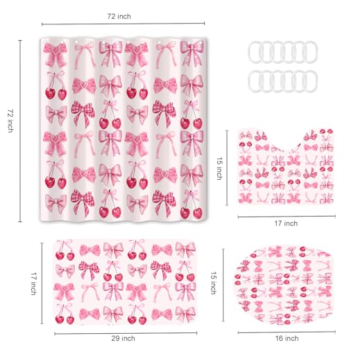 4PCS Pink Bow Shower Curtains Set, with Non-Slip Rugs, Toilet Lid Cover and Bath Mat, Watercolor Aesthetic Cute Cherry Fruit Fabric Shower Curtain for Bathroom Decor, Waterproof 12 Hooks 72X72 - color: Pink