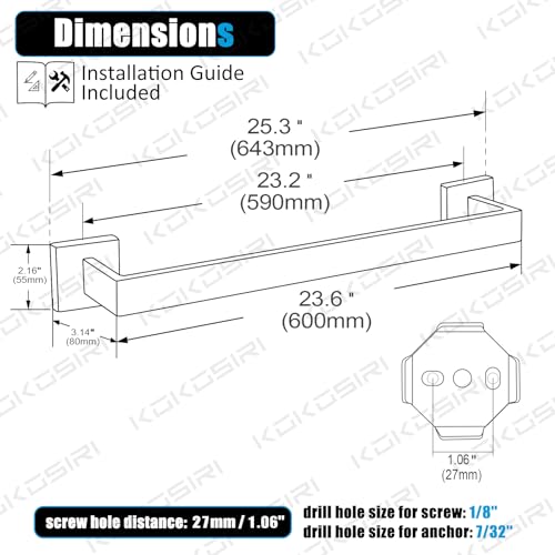 KOKOSIRI 24-Inch Single Towel Bar, Bathroom Kitchen Towel Holder, Wall Mounted SUS304 Stainless Steel Towel Rack, Brushed Nickel, B4003BR-L24 - color: Brushed Steel, size: 24-Inch