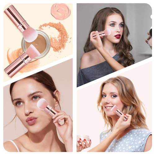 Retractable Makeup Brush 2 Pack, Travel Kabuki Face Makeup Brush | Powder Makeup Brushes for Blush, Liquid, Cream, Cosmetics, Loose Powder, Bronzer, with Aluminum Handle, Cover - color: Rose Gold