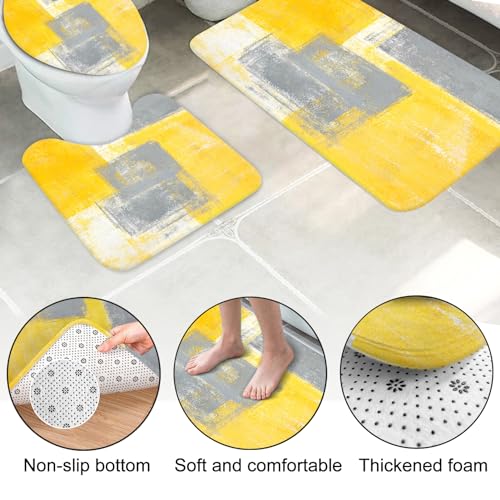 Lnond 4Pcs Bathroom Shower Curtain Sets with Rugs,Yellow and Grey Painting Art Bathroom Sets with Shower Curtain and Rugs and Accessories - color: Yellow Grey Abstract-01
