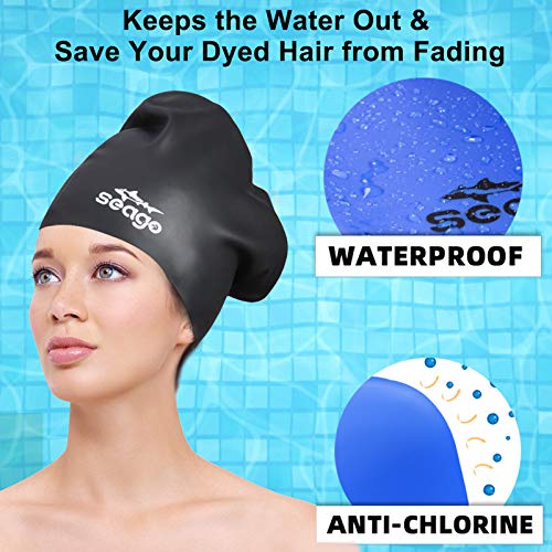 Swim Cap Long Hair 2 Pack Swimming Caps for Women Silicone Swim Caps Keep Hair Dry Waterproof Comfortable Flexible Durable Bathing Cap Tear-Proof Design Large Women Adult Swimming Cap 10+ Years Girls - color: Black & Blue