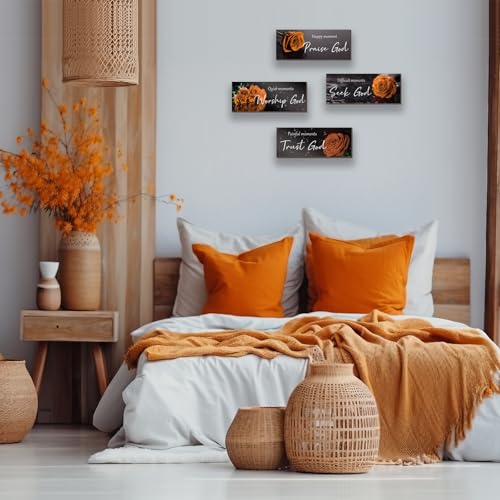 ONIZHITY 4Pcs Orange Bathroom Decor Orange Wall Decor Religious Bible Verse Orange Rose Wall Decor Rustic Wooden Christian Sign for Home Bathroom Office Bedroom Living Room Kitchen(orange 10x4) - color: Orange Rose