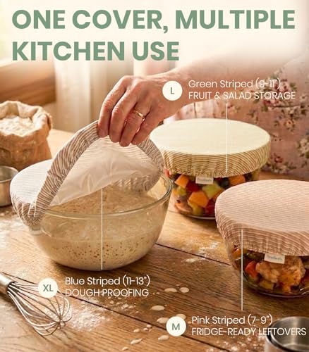 M L XL Dual-Layered Large Cotton Bowl Covers for Bread Sour Dough Rising, Waterproof TPU Liner, 9" 11" 13" Elastic Reusable Cloth Sourdough Shower Caps Lid for Proofing & Fermentation