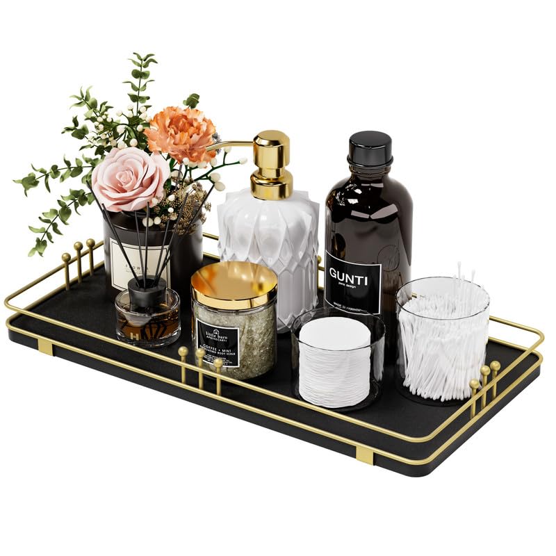 Toilet Paper Basket, Bathroom Basket for Counter Toiletries Towel Decor, Toilet Tank Tray, Guest Back of Toilet Organizer Storage, Vanity Tray for Perfume Makeup, Kitchen 13”x6.5” Black-Gold - color: Black + Gold, size: 13" x 6.5" x 1.6"