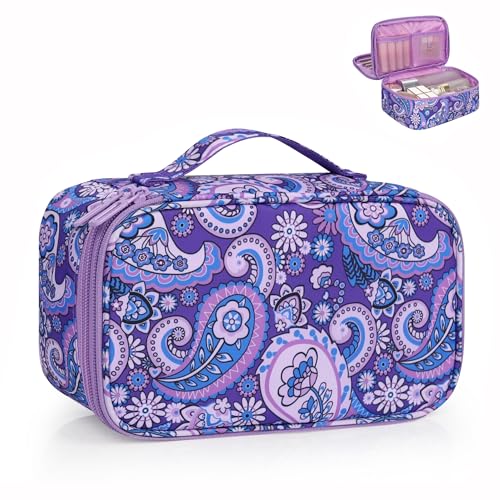 Relavel Travel Makeup Bag, Small Floral Cosmetic Bag with Makeup Brush Compartment, Portable Makeup Pouch for Women, Double Layer Cute Toiletry Organizer Bag, Purple Flower - color: 01B-Floral Purple, size: MEDIUM