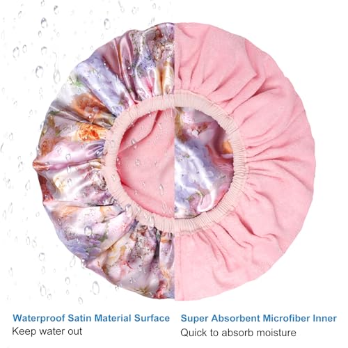Upgraded Waterproof Terry Shower Caps, Reusable Shower Cap for Women with Long Hair, Soft Absorbent Hair-Protecting Towel Lining Bath Cap, Large Leak-Proof Hair Cap with Fashionable Print Outer-Pink - color: Pink