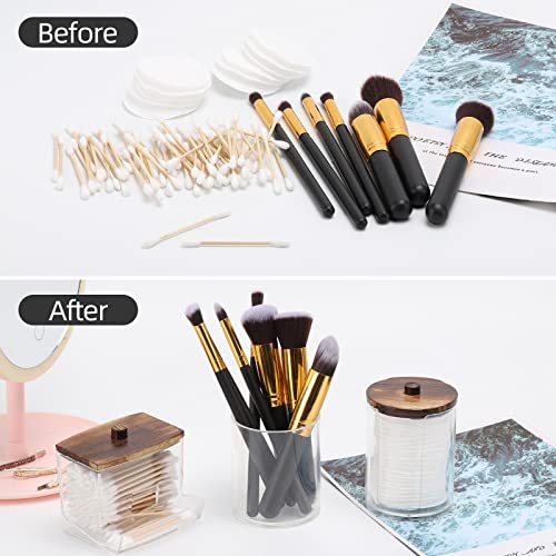 Tbestmax Bathroom Organizer Accessories Set-10 OZ Qtips Holder Storage with Wood Lids, Cotton Ball/Swabs Dispenser, Apothecary Container Jar 3 Pcs - color: Group B-Brown Wood