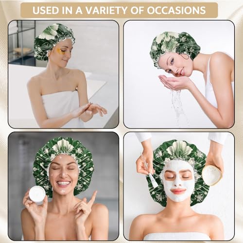 Shower Cap Adjustable Waterproof Double Layer Elastic Reusable Hair Bath Cap Cute Aesthetic for Women Girls-Green Flower - color: R5-Green Flower
