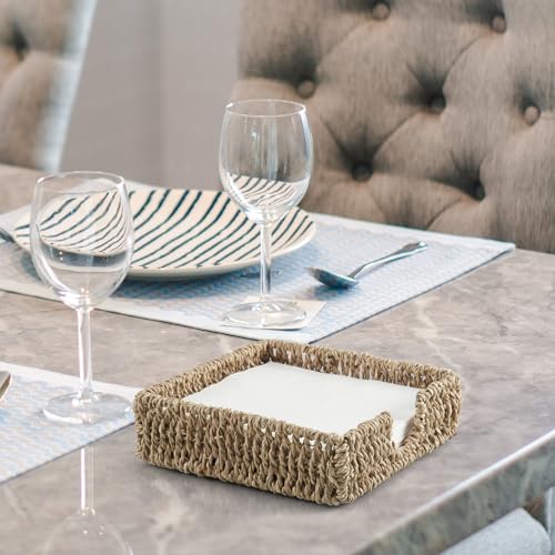 Napkin Holder for Table, Woven Seagrass Napkin Holders For Paper Napkins, Wicker Napkin Holders for Kitchen Dinner Table Boho Decor and Accessories, Square Napkin Basket and Serving Tray - color: Light Brown, size: 7.2"L x 7.2"W x 2.2"H