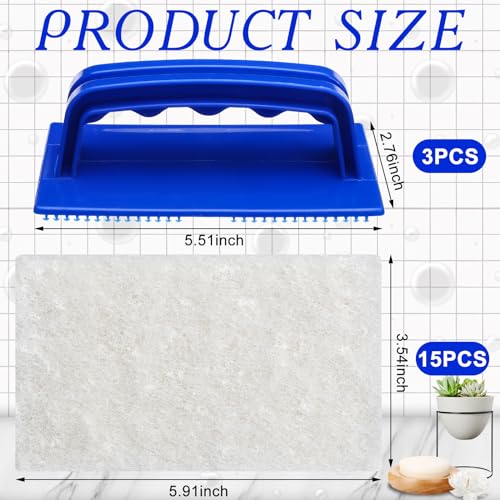 Maxdot 18 Pcs Handled Bath Scrubber Set, 15 Bathroom Scouring Pad 3 Bathtub Scrubber with Handle Non Scratch Soap Scum Remover for Cleaning Sink Shower Tile Swimming Pool Step Corner(Blue and White) - color: Blue and White