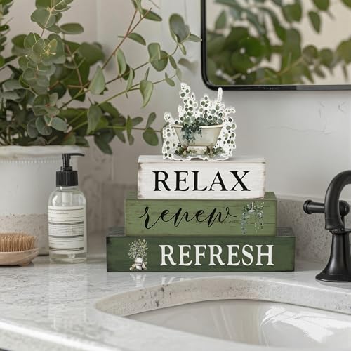 Cinnvoice 4 Pcs Eucalyptus Bathroom Decor Farmhouse Bathroom Decoration Relax Renew Refresh Table Centerpiece Gift for Christmas Valentines Back to School - style: Eucalyptus