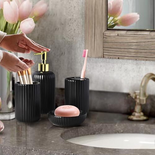 Black Bathroom Accessories Set, 4PC Ceramic Bathroom Sets Complete-Toothbrush Holders, Soap Dispenser, Soap Dish, Toothbrush Cup, Stylish Black Gold Bathroom Decor, Bathroom Organizer for Countertop - size: GBlack-4pcs