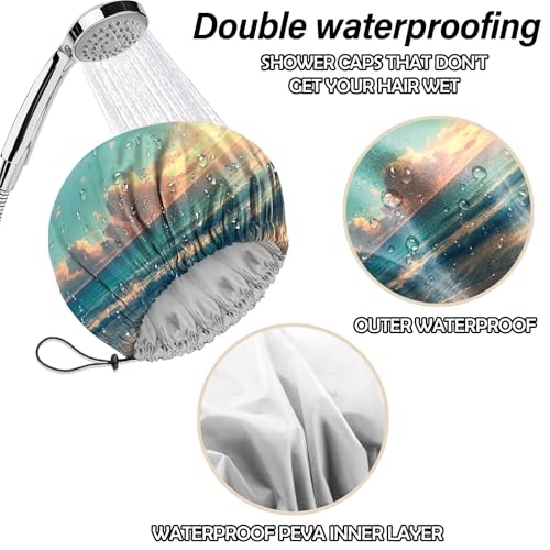 2 PCS Shower Cap Reusable Waterproof Double Layers Hair Caps Shower Bath Adjustable Elastic Hat for Women Girls Cute Aesthetic-Forest Beach - color: AI10-Forest Beach