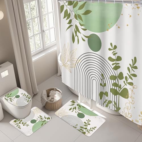 Riyidecor Boho Light Green 4Pcs Bathroom Shower Curtain Sets Mid Century Modern Minimalist Abstract Bathroom Decor Set with Rugs and Accessories Leaf Toilet Lid Rug, Contour and Bath Mat with 12 Hooks - color: 04light Green