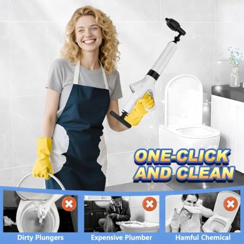 Toilet Plunger,High Pressure Toilet Plunger Heavy Duty,Toilet Auger Air Drain Blaster with Pressure Gauge,Toilet Unclogger for Bathroom and Plumbing Clogs - color: White