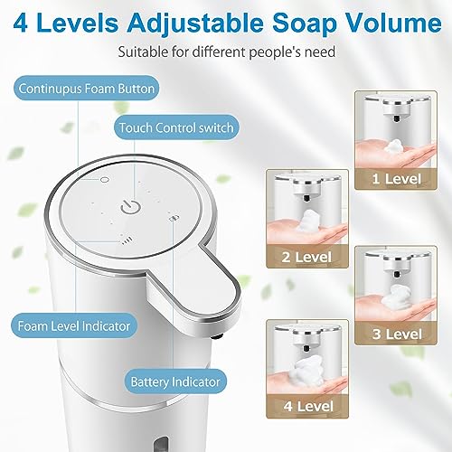 Automatic Foaming Soap Dispenser, 4-Level Adjustable Foam, Wall Mount, USB Rechargeable, 12.8oz/380ml, Touchless Hand & Dish Soap Dispenser for Bathroom, Kitchen, Hotel, Restaurant - color: White