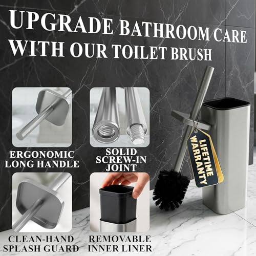 Toilet Brush with Square Holder - Toilet Brush and Holder Set Silver, Stainless Steel Handle with Splash Shield, Replaceable Head and Removable Inner Cup - Freestanding Bathroom Toilet Cleaning Set - color: Silver Rounded Square