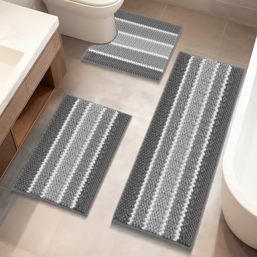 ArtyCozy Chenille Bathroom Rugs 3 Pieces, Extra Thick Absorbent Non Slip Bath Mats with U-Shaped Toilet Rug, Soft Plush Bath Floor Mat Machine Washable, Grey, 17"x24" Plus 20"x48" Plus 20"x24" - color: Grey, size: 17" × 24" + 20" × 48" + 20" × 24"