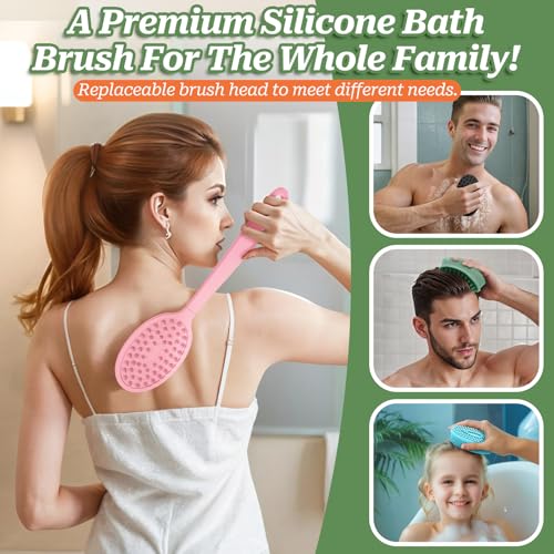 Silicone Face & Back Scrubber Set, Manual Face & Body Scrubber Exfoliator with Soft Bristles and Non-Slip Handle, Back Brush Bath Brush with 2 Detachable Brush Heads(3PCS Pink Set) - color: 3*pink Set