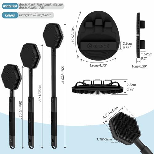 Silicone Back Scrubber & Soft Bath Glove 2PCS, 16''- 21''Extendable Back Scrubber with Dual-Side Large Head, 360° Anti-Slip Hand-fit Silicone Body Scrubber for Rich Foaming Deep Cleaning(Black) - color: Black*2