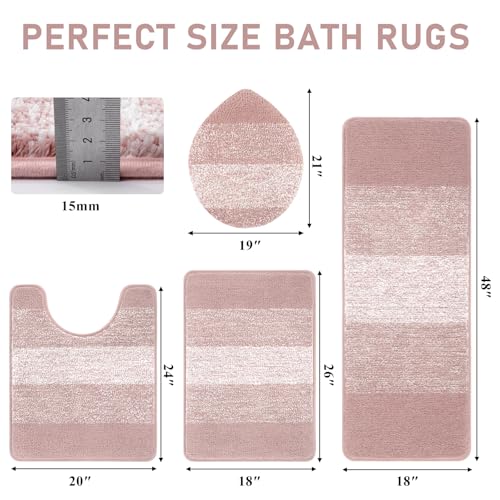 Bsmathom Bathroom Rug Set Bath Rugs Microfiber Non Slip Bathroom Set 4 Piece with Toilet Cover, Washable Absorbent Bath Mat, Pink - color: Pink, size: 18"x26"+18"x48"+U20"x24"+Cover19"x21"