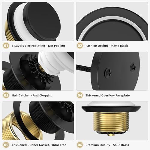 Matte Black Tub Drain Kit with Hair Catcher, Premium Brass Tip-Toe Bathroom Tub Drain Replacement and 2-Hole Overflow Faceplate, 11.5/16 UNC Bathtub Drain Stopper Assembly - color: Matte Black