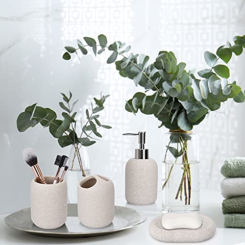 L'ARL GMVOI Bathroom Accessory Set,4 Piece Bathroom Decor Accessories Sets with Lotion Soap Dispenser,Toothbrush Holder,Bathroom Tumbler,Soap Dish for Bathroom Vanity Countertop Accessories,Beige - color: Beige