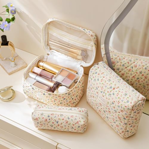 HBselect Quilted Makeup Bag, 3PCS Cotton Large Travel Makeup Bag, Cute Floral Coquette Make up Bag Cosmetic Bag Toiletry Bag for Women Girls - color: A-3PCS-Floral 12