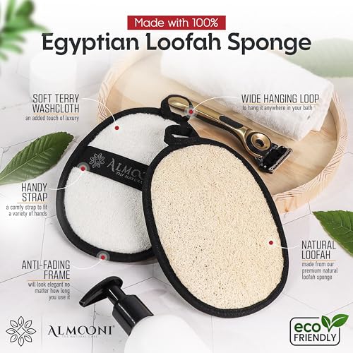Almooni Natural Exfoliating Loofah for Men, Lightly Abrasive Egyptian Loofah Body Scrubber for Men, Dual-Sided with Cotton Back, Hand Strap, Black, 2-Count - style: Black