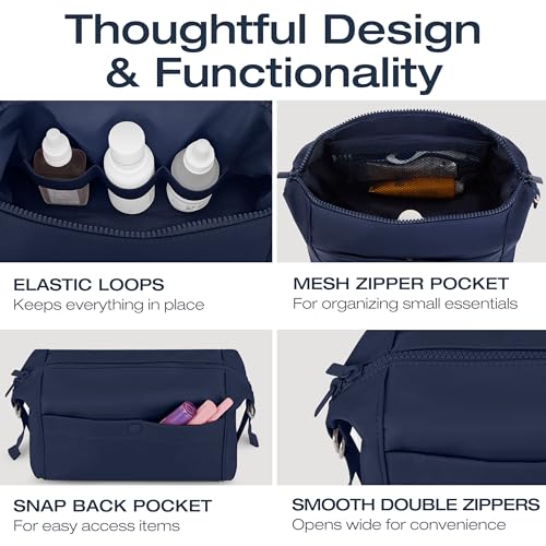 KAZAY Expandable Toiletry Bag with Side Clips for Adjustable Sizing, Premium High-Density Nylon, Open Wide Zipper, Stylish, Water Resistant, Cosmetic Bag, Makeup Bag, Full-Size Bottles, Unisex (Navy) - color: Navy