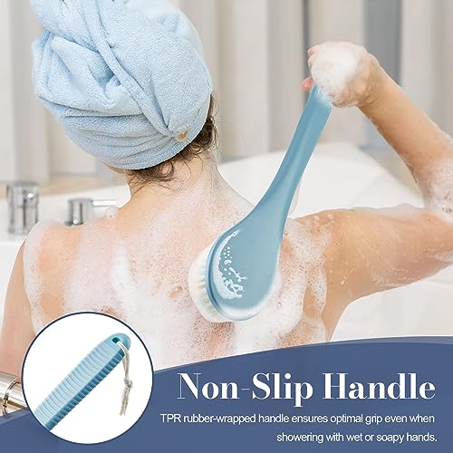 Back Scrubber for Shower, Shower Body Brush for Cleaning with Long Handle for Showering, 17 Inch Back Washer Exfoliator for Shower Men Women with Non-Slip Handle, Adhesive Hook (Blue) - size: Blue - Artificial Bristles