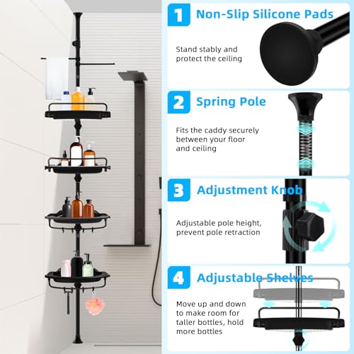 XLHOMO 32-122inch Corner Shower Caddy Tension Pole Black, Rustproof Drill-Free Shower Shelves for Bathroom Bathtub Washbasin, Adjustable Shower Organizer with 4 Tier Patent Stable Shelves & Towel Bars - color: Black