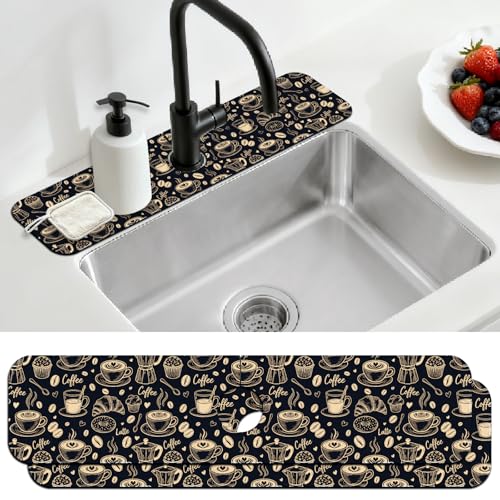 2 Pcs Kitchen Sink Splash Guard Faucet Mat Coffee Element Pattern Faucet Mat for Sinks Coffee Text Absorbing Drying Mats for Kitchen Bathroom, 23.6x5.5inch - color: Coffee Element Pattern
