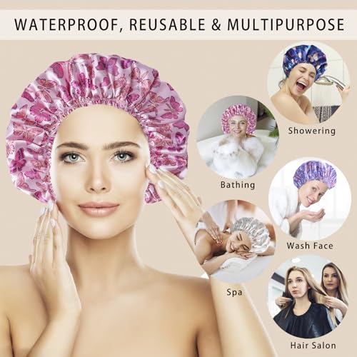 Shower Cap for Women,4 PCS Elastic and Reusable Bath Caps, Double Layers Shower Caps Reusable Waterproof, Bathing Shower Caps, Environmental Bath Hair Protection Cap - Butterfly E - color: Butterfly E