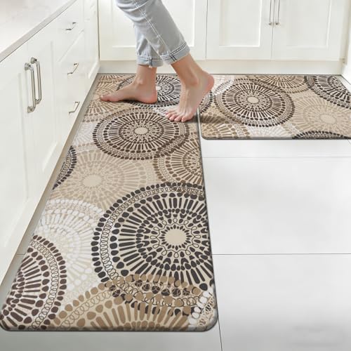 HEBE Anti Fatigue Kitchen Rugs Sets of 2, Non Slip Kitchen Mats for Floor, Waterproof Cushioned Comfort Standing Carpet for Kitchen Sink, Home Office, Laundry Room - color: Floral/Brown, size: 17.3"x48"+17.3"x28"-0.4"Th