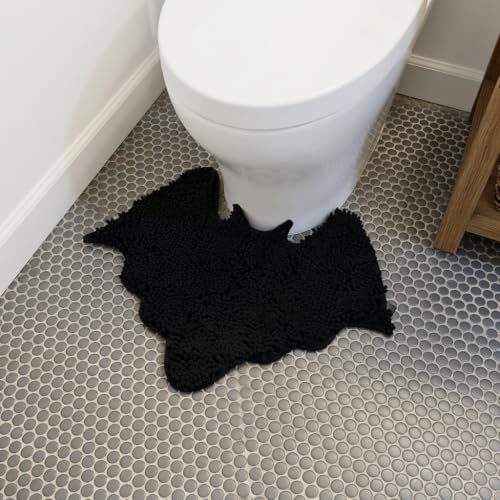 MANNY'S MYSTERIOUS ODDITIES Bat Toilet Rug - Chenille Gothic Bat Bath Mat - 24 x 20 Inch Extra Thick, Soft, Absorbant, and Machine Washable - Non Slip and No Crease Gothic Rug