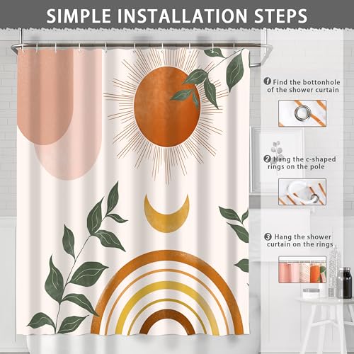 Mid Century Abstract Boho Aesthetic Shower Curtain Set, Green Nature Leaf Sun Modern Minimalist Home Bathroom Curtain Decor with 12 Hooks 72 Inch Wide * 84 Inch High - color: Orange, size: 72"W x 84"L (Pack of 1)