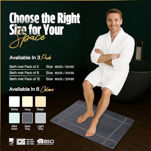 Pearl Linens 100% Ring Spun Cotton Bath Mat (Pack of 6) 20 x 30 Inch, Washable, Soft & Absorbent Terry Bathroom Floor Mat – Not Bathroom Rugs – Quick-Dry After Shower Bath Mat, 687 GSM, Dark Grey - color: Grey, size: 20x30 - Set of 6