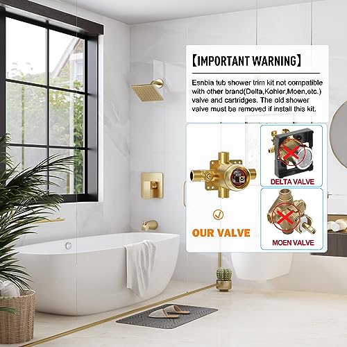Esnbia Shower Tub Kit, Tub and Shower Faucet Set（Valve Included) with 6-Inch Rain Shower Head and Tub Spout, Single-Handle Tub and Shower Trim Kit,Brushed Gold - color: Brushed Gold, style: with tub spout
