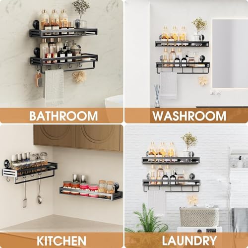Suction Cup Shower Caddy,11.8 inch Extended Version, with 5 Hooks & Towel Rrack, No Drilling Required, Rust-resistant Bathroom Shower Organizer (1Pack-Black) - size: 11.8 inches(US)