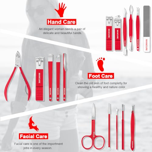 Manicure Set Professional Nail Clippers Pedicure Kit, 16 pcs Stainless Steel Nail Care Tools Grooming Kit with Luxurious Travel Leather Case for Thick Nails Men Women Gift (Red) - color: Red