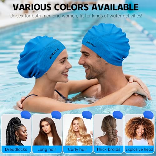 WHALE Extra Large Swim Cap Designed for Men and Women with Thick, Long Hair, Hair Extensions Or Afro-Textured Hair Long-Hair Swim Cap Highly Waterproof to Keep Hair Dry - color: Muted blue