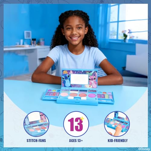 Stitch All-in-One Kids Cosmetic Compact Set Includes Washable Lip Gloss, Eye Shimmer, Cheek Shimmer, Brushes Colorful Portable Beauty Set for Girls, Tweens, by Townley Girl
