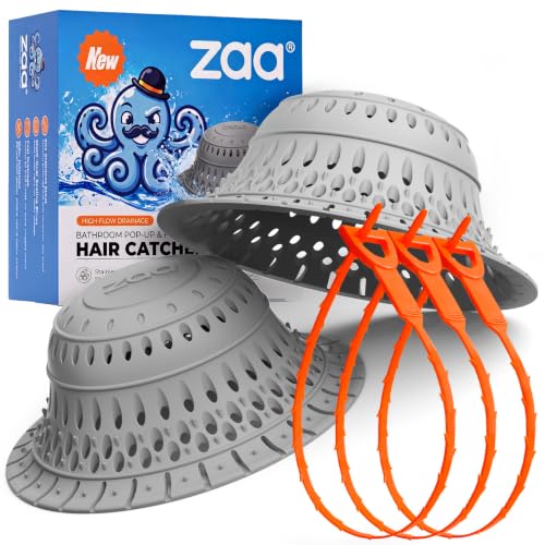 zaa 5 Pcs Bathtub & Shower Drain Hair Catcher, 2 Pack Silicone Collapsible Drain Protector and Drain Cover with 3 Snake Drain Clog Removers, for Pop-Up and Regular Drains of Tub, Shower, Bathroom - color: Gray Red
