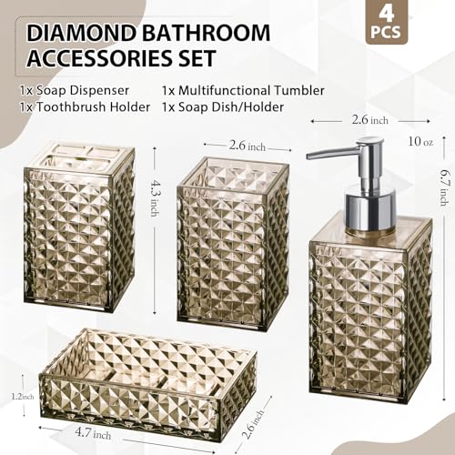 RYTOXILO Brown Bathroom Accessories Set, 4 Pack Acrylic Bath Accessory Sets Complete, Diamond Soap Dispenser and Toothbrush Holder Bathroom Counter Sink Set, Boho Modern Bathroom Decor - color: Brown