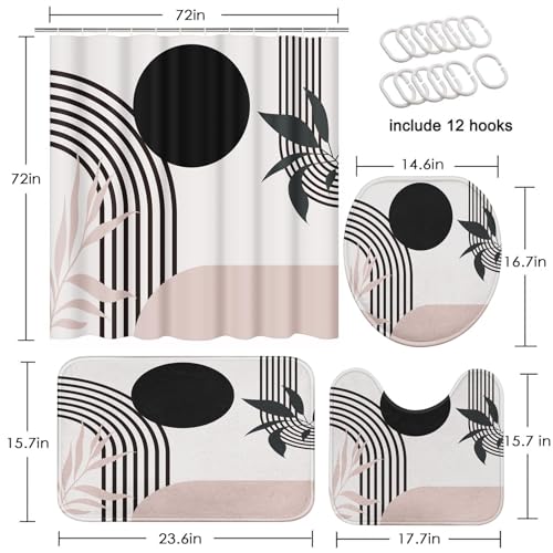 Boho Mid Century Shower Curtain Set with Toilet Lid Cover and Non-Slip Rugs, Abstract Pink Black 4 Pcs Modern Minimalist Shower Curtain for Bathroom Set with 12 Hooks - color: Boho Pink